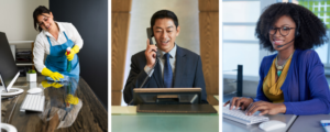 Collage of three employees - a female cleaner, male receptionist and female customer service representative